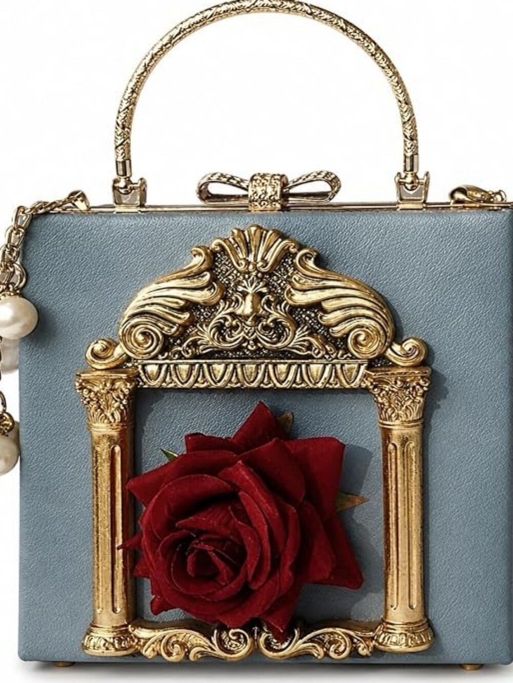 Gothic Romance Ornate Dusty Blue Box Bag with Red Rose Accent